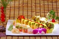 Sushi roll combo with salmon tuna, and soy bean paper Royalty Free Stock Photo